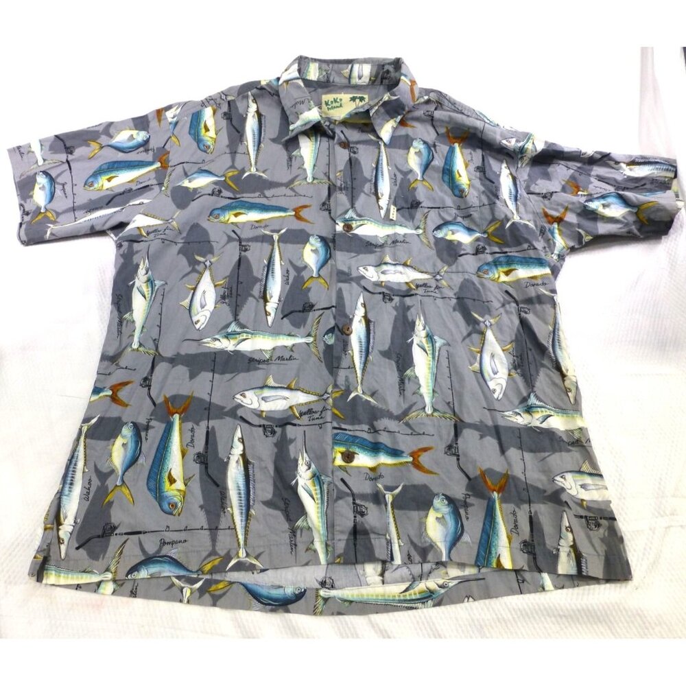 AOP Koko Island XL‎ All Over Fish Print Mens Short Sleeve Button Up Shirt USA
